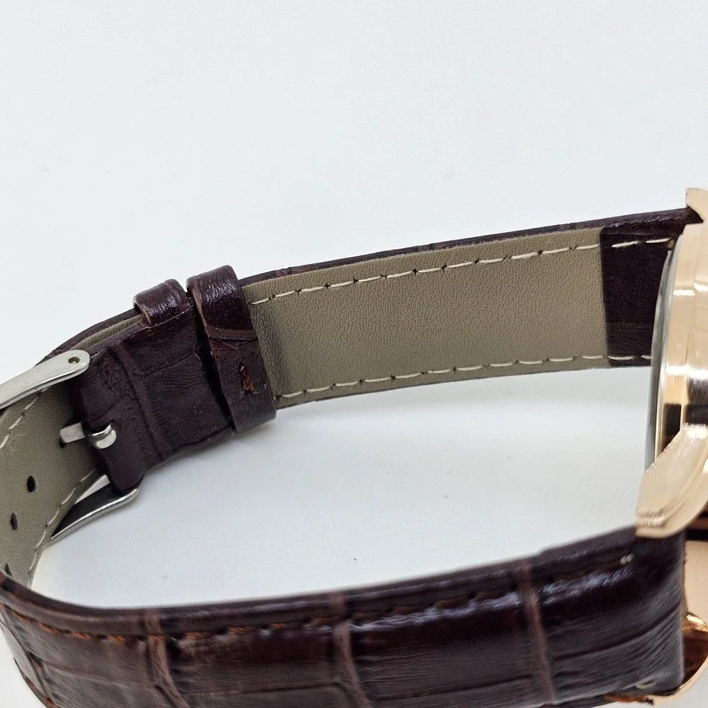 Men's‎ Watch 40MM White Gold Case Dial Brown Leather Bands New Battery